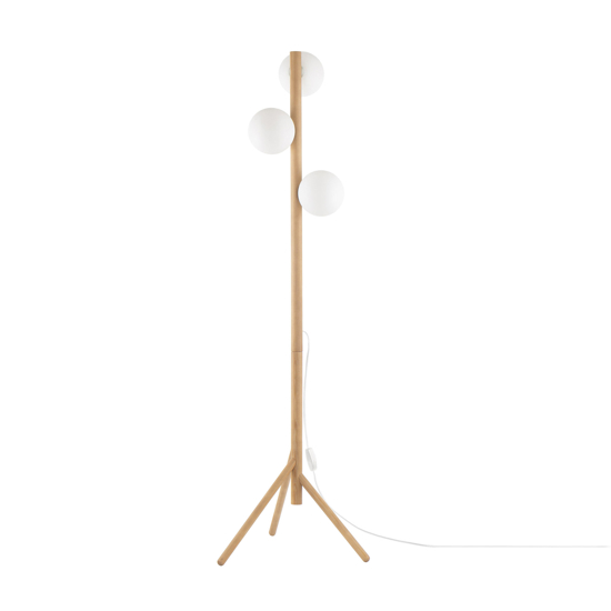 Piantana di legno stile scandinavo con sfere vetro bianco